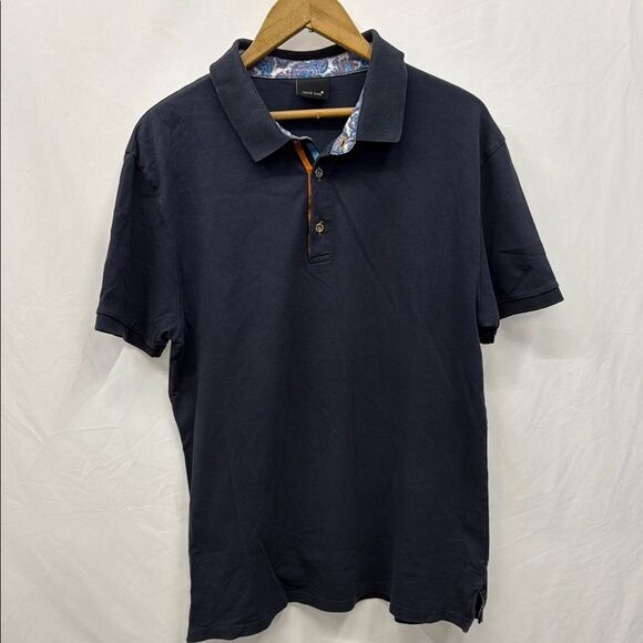 Jared Lang Navy Polo with Patterned Collar - Picture 1 of 7